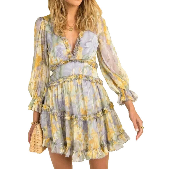 Saints + Secrets Yellow Purple Pastel Floral Ruffle Mini Dress Fairycore Sz S - Picture 1 of 14